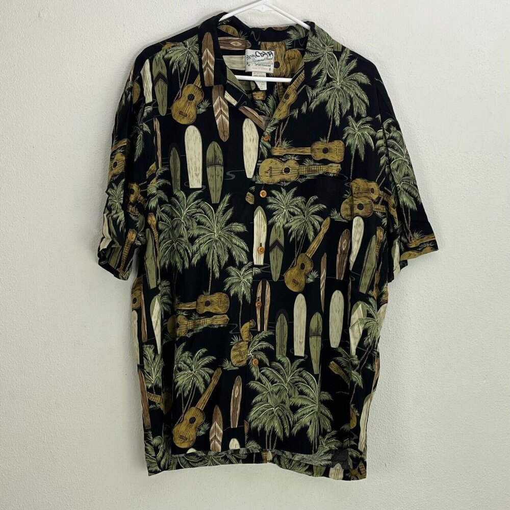 Vintage Diamond Head Sportswear Mens Hawaiian Shirt XL Rayon Surfboard Ukulele